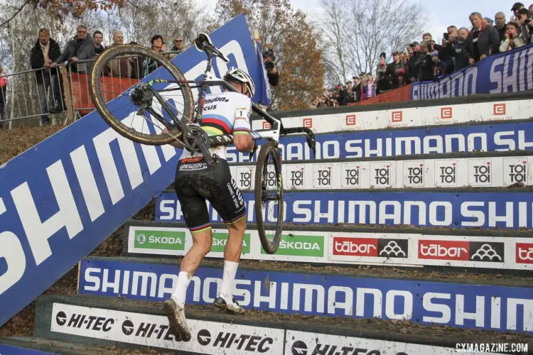 Mathieu van der Poel heads up the stairs. 2019 World Cup Tabor, Czech Republic. © B. Hazen / Cyclocross Magazine
