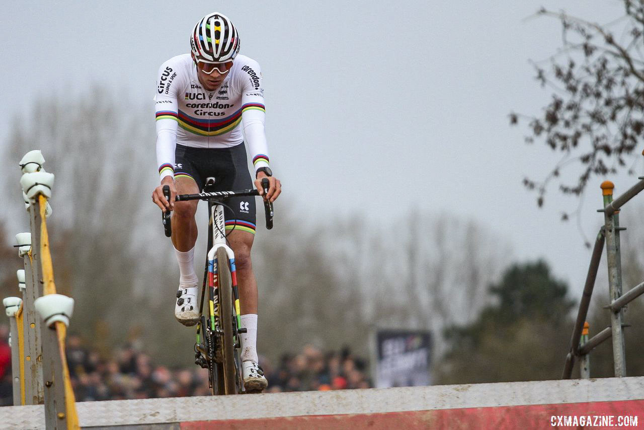 Sunday's winner Mathieu van der Poel summits the flyover. 2019 World Cup Koksijde. © B. Hazen / Cyclocross Magazine