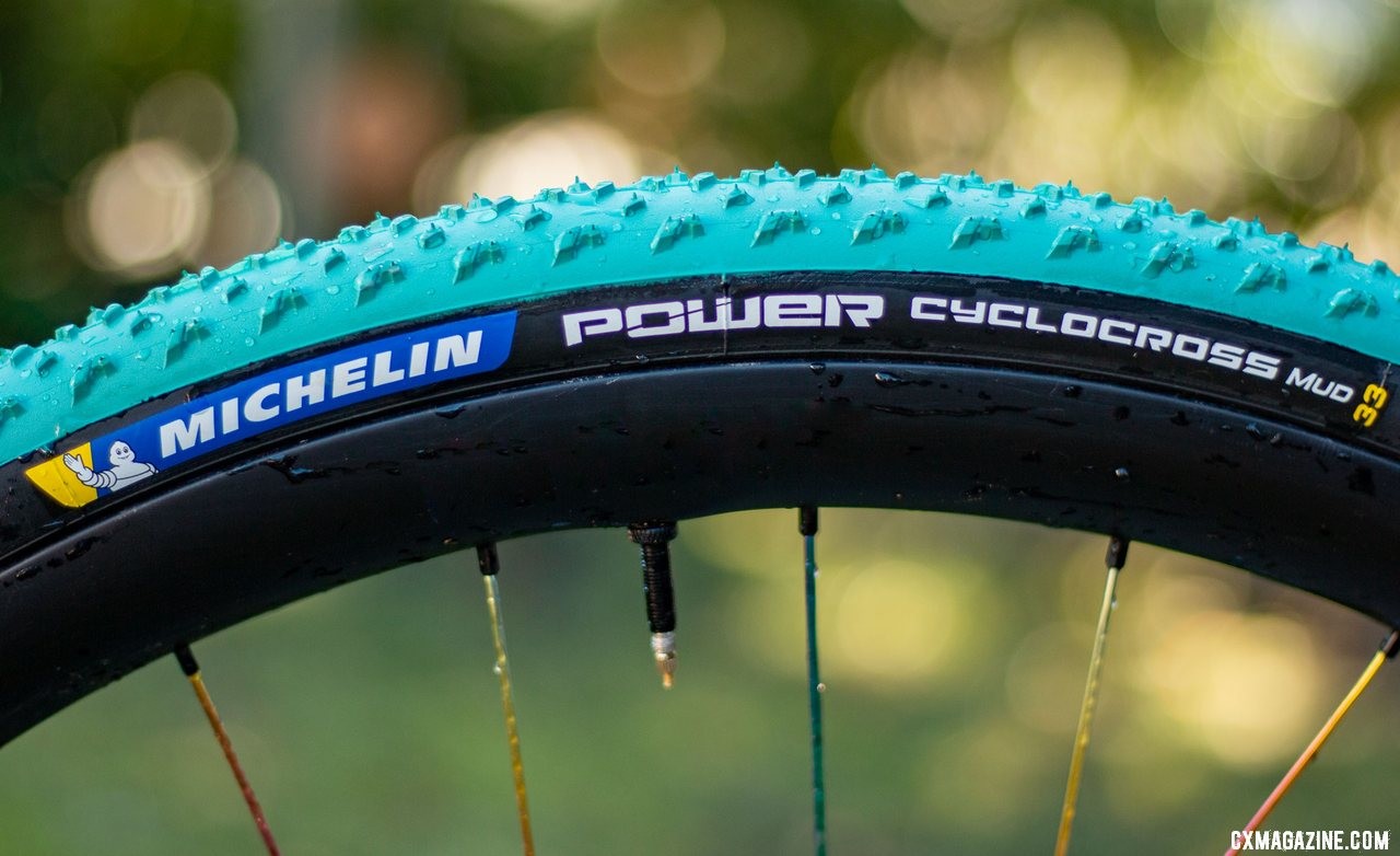 The latest Michelin Power Cyclocross Mud tubeless clincher tire kept its predecssor's width. While the old one was called 30mm, and the new one is listed at 33mm, both inflate over 35mm on a 23mm internal width rim. © Cyclocross Magazine