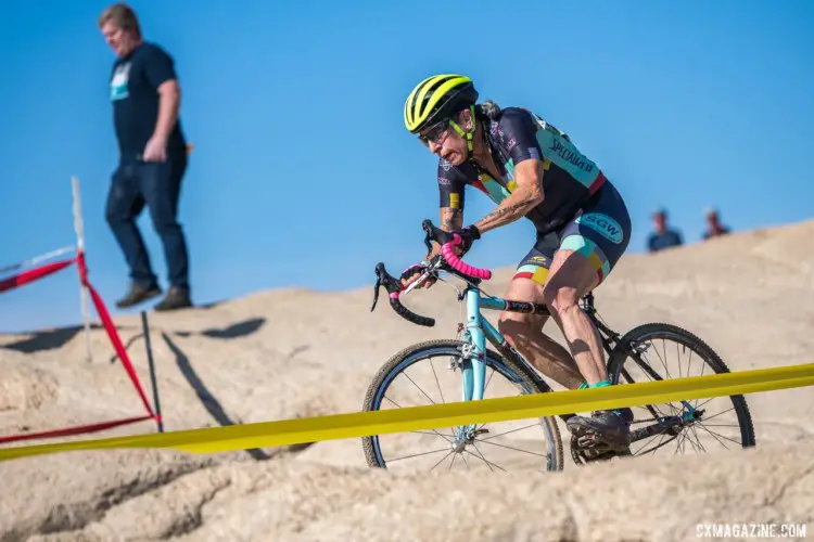 Womens Single Speed Winner Linda Elgart drops off the rock. 2019 Sacramento CX Granite Beach, California. © Jeff Vander Stucken