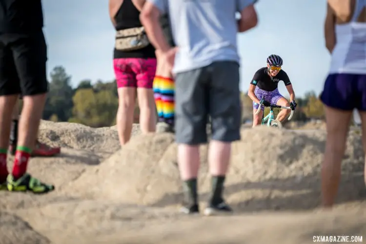 Recently retired local pro (and Squid Biikes co-honcho) Emily Kachorek was a popular personality in the SIngle Speed A race. 2019 Sacramento CX Granite Beach, California. © Jeff Vander Stucken