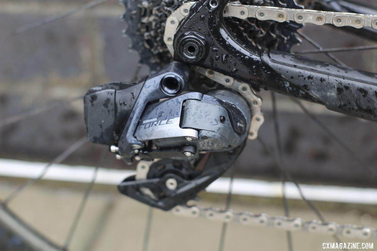 Force AXS uses the same wireless technology originally found on RED eTap. Unlike the original, AXS derailleurs have a fluid damping mechanism to avoid chain slap. Tobin Ortenblad's 2019 Santa Cruz Stigmata Cyclocross Bike, Waterloo World Cup