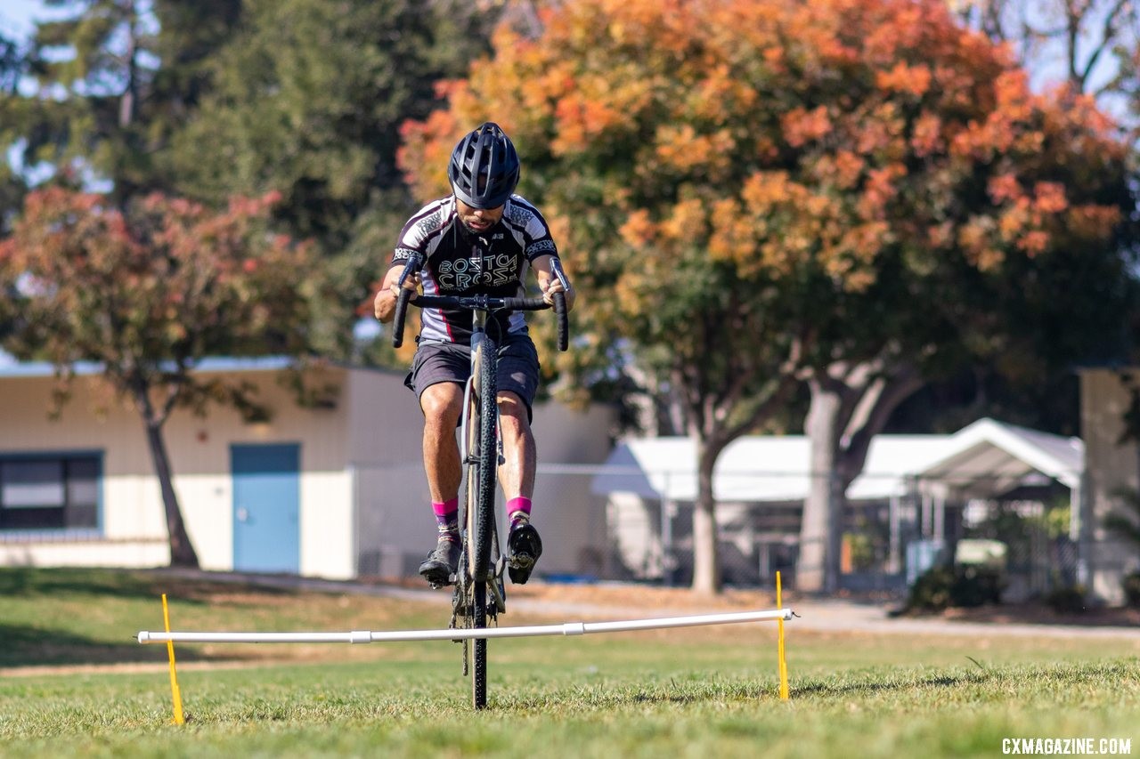 The Up.Bike portable barriers have five different height settings for easy bunnyhop practice. This is the second-highest height. Did the tester clear it with both wheels? (He's no Meeusen.) © K. Yee / Cyclocross Magazine