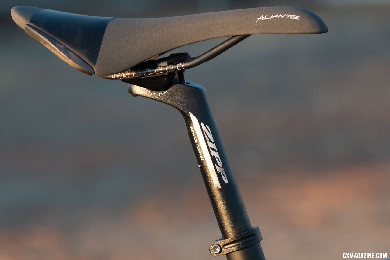 A two-bolt Zipp Service Course seat post offers a secure, name brand perch but production models ship with a zero-offset SL model. Viathon's G.1 carbon gravel bike review. © A. Yee / Cyclocross Magazine