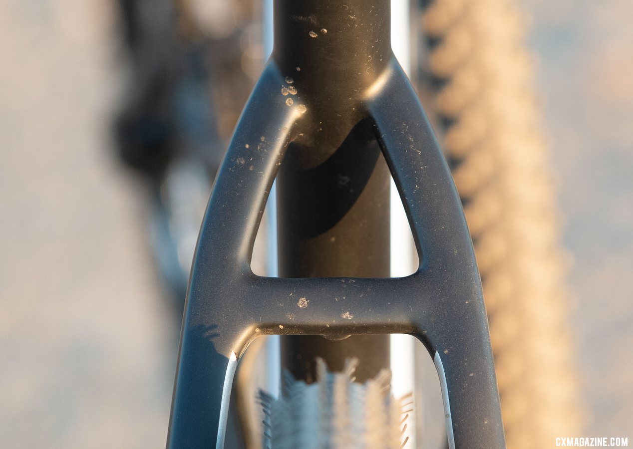 Viathon's G.1 carbon gravel bike review features a seatstay bridge but that didn't limit our ability to ride 47mm tires. © A. Yee / Cyclocross Magazine