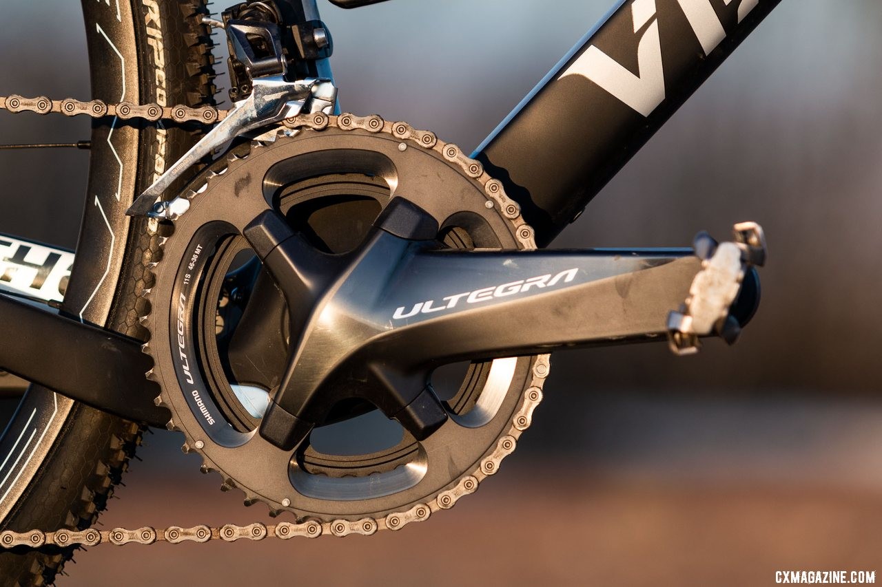 Viathon's G.1 carbon gravel bike came with 36/46 chainrings, perfect for cyclocross duty, but perhaps not quite as low or wide as we'd want for long gravel days. © A. Yee / Cyclocross Magazine