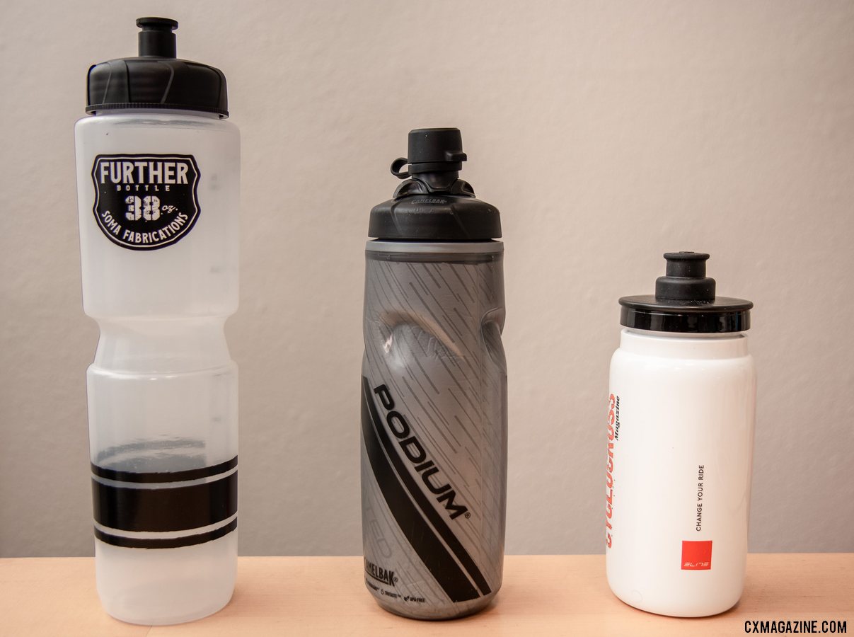 Not all bottles are created equal. The Soma Fab Further bottle carries a whopping 38 oz, the CamelBak Dirt Podium bottle keeps the dirt off thanks to its Mud Cap, and the Elite Fly 550ml bottle is ultral-light and carries just enough for your cyclocross race. © Cyclocross Magazine