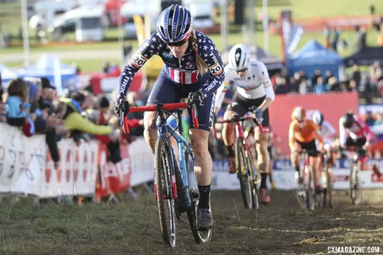 Katie Compton powers away from the barriers. 2019 World Cup Tabor, Czech Republic. © B. Hazen / Cyclocross Magazine
