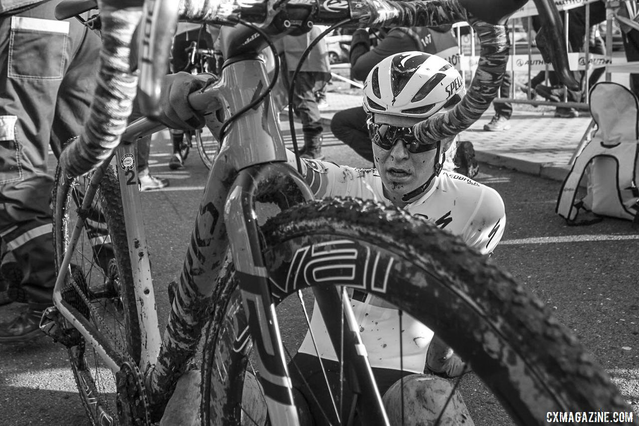 Maghalie Rochette takes a moment after her race. 2019 World Cup Tabor, Czech Republic. © B. Hazen / Cyclocross Magazine