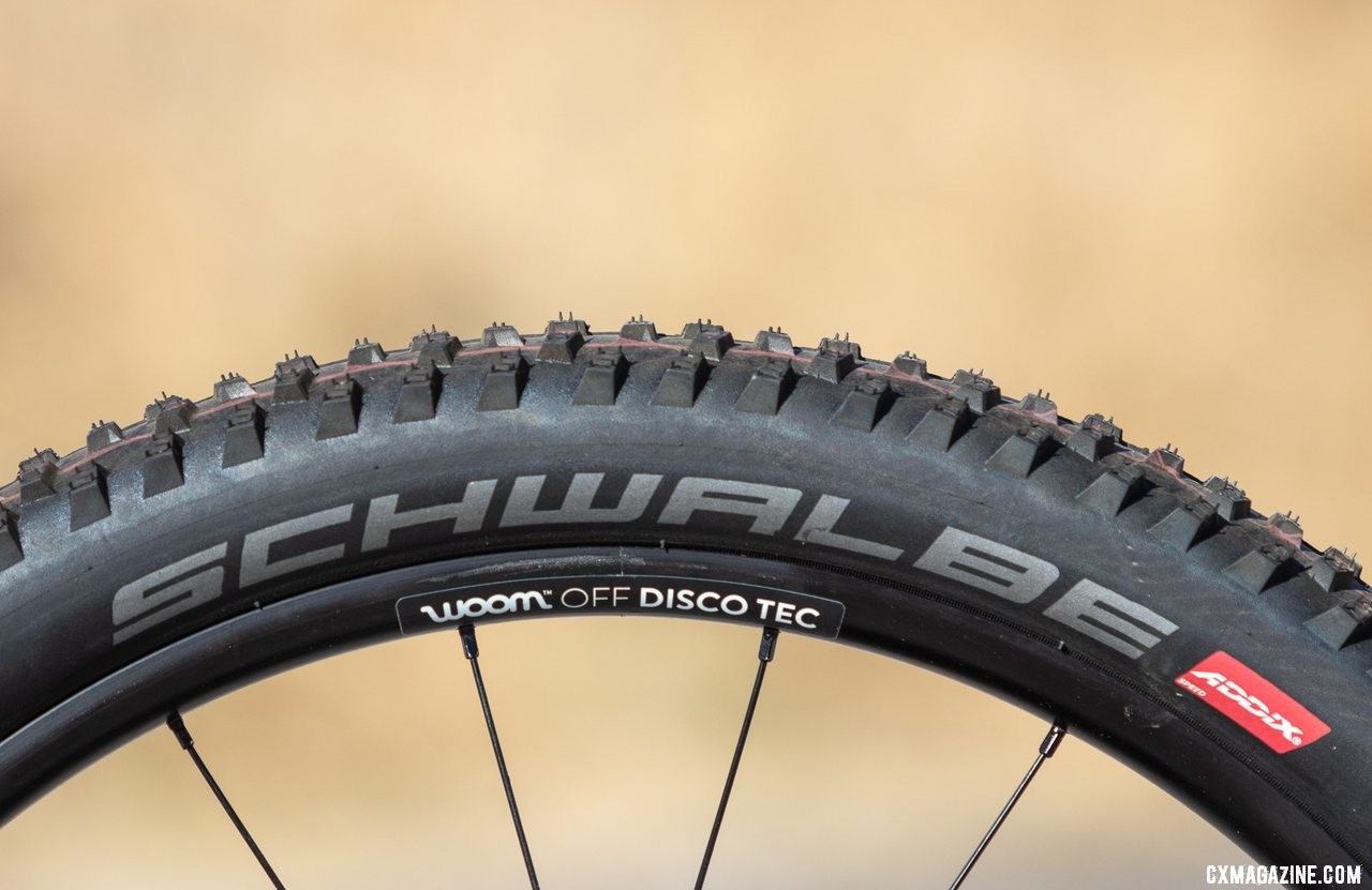 The 24" Rocket Ron tires are grippy and relatively light, but aren't officially tubeless. Neither are the rims. Woom Off 5 24" bike review. © A. Yee / Cyclocross MagazineThe 24" Rocket Ron tires are grippy and relatively light, but aren't officially tubeless. Neither are the rims. Woom Off 5 24" bike review. © A. Yee / Cyclocross Magazine