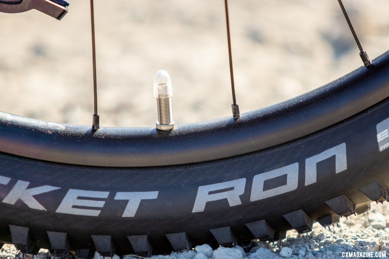 The 24" Rocket Ron tires are grippy and relatively light, but aren't officially tubeless. Neither are the rims. Woom Off 5 24" bike review. © A. Yee / Cyclocross Magazine