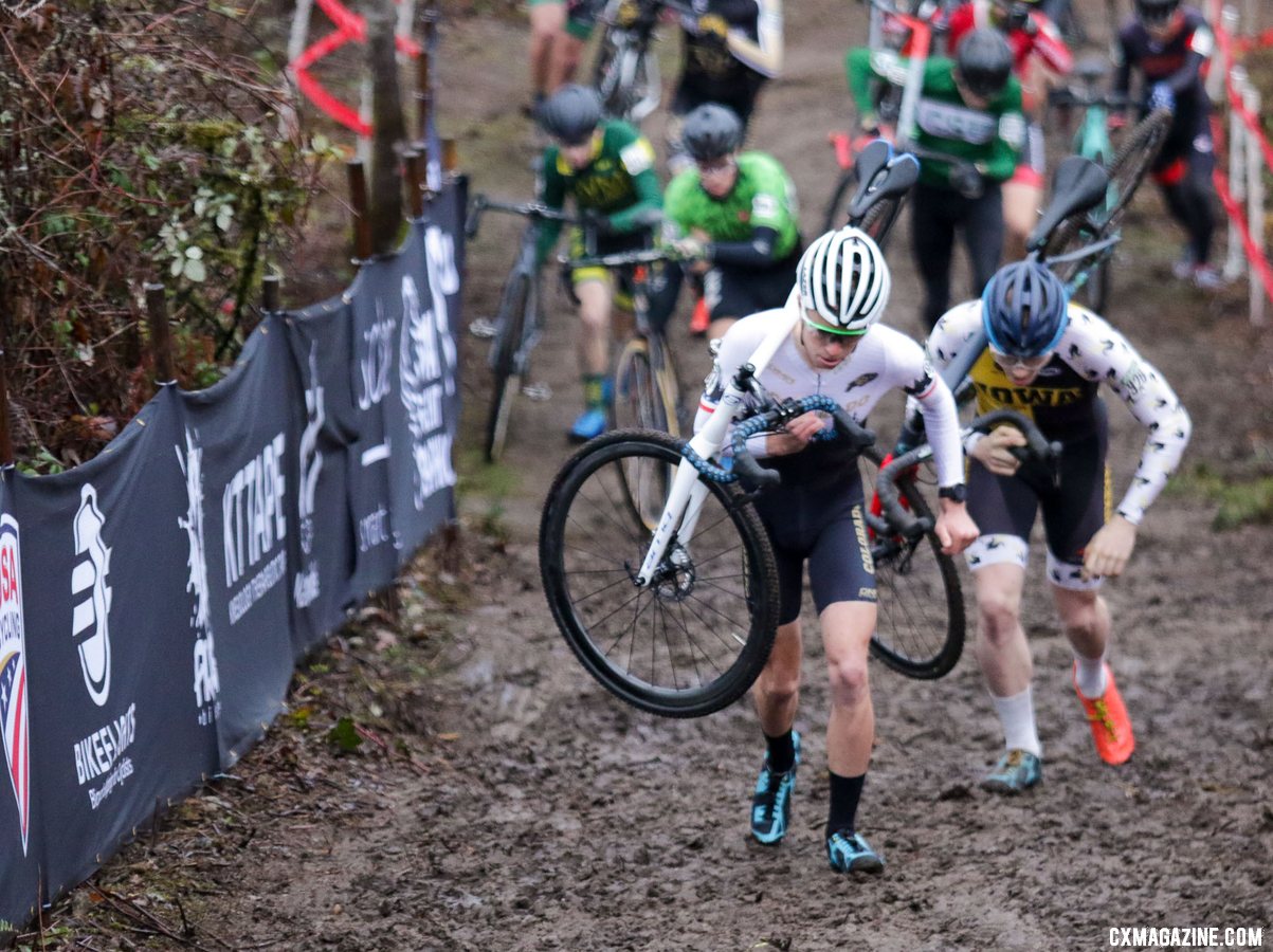 Eric Brunner and Seamus O'conner-Walker lead up the first climb of the race. Collegiate Club Men. 2019 Cyclocross National Championships, Lakewood, WA. © D. Mable / Cyclocross Magazine