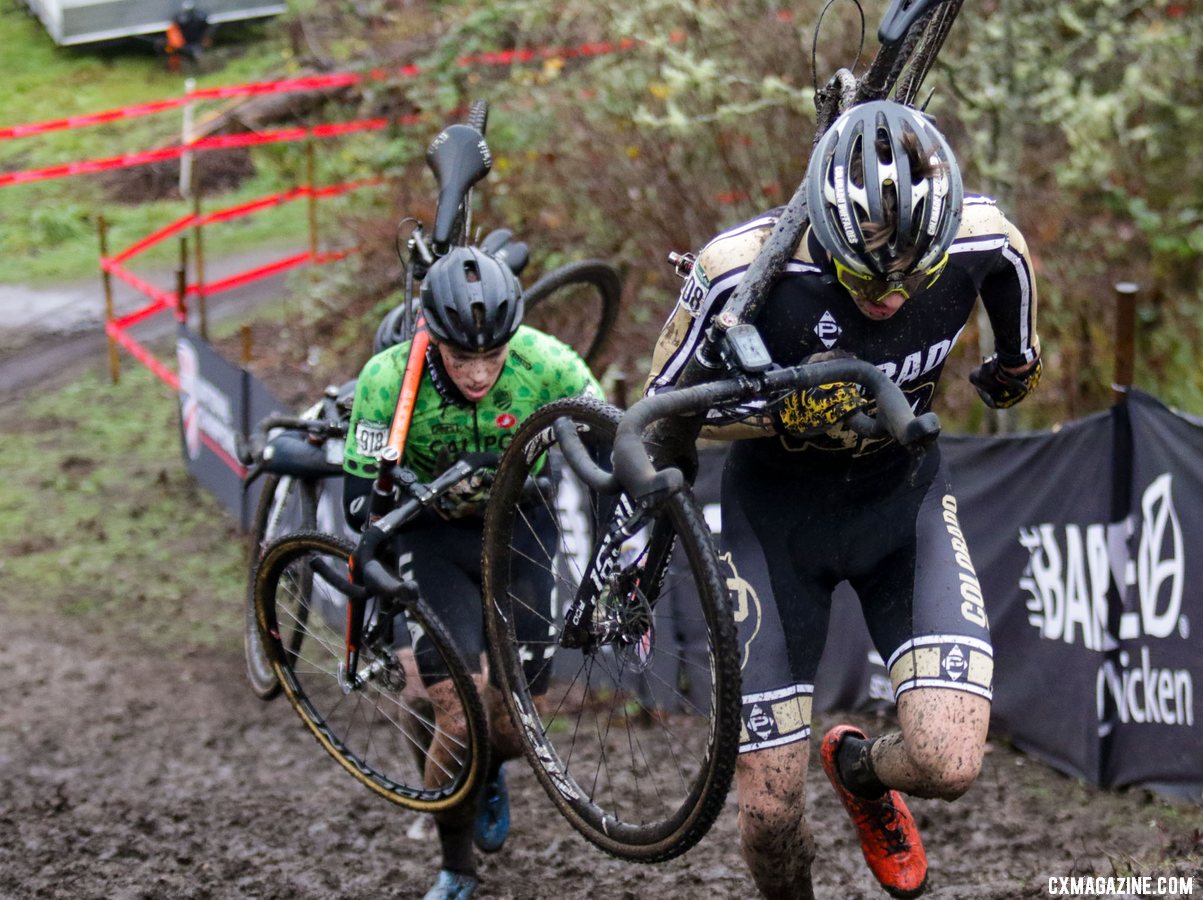 Colorados's Jack Tanner leads Calder Wood up the climb in a fight for the silver and bronze. Collegiate Club Men. 2019 Cyclocross National Championships, Lakewood, WA. © D. Mable / Cyclocross Magazine