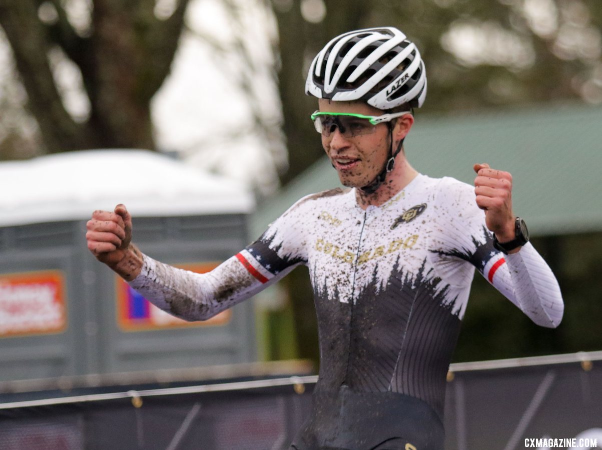 Eric Brunner celebrates a win for the Buffalo of the University of Colorado. Collegiate Club Men. 2019 Cyclocross National Championships, Lakewood, WA. © D. Mable / Cyclocross Magazine