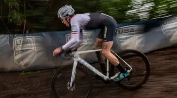Eric Brunner is a blur as he races down the greasy bobsled run. Collegiate Club Men. 2019 Cyclocross National Championships, Lakewood, WA. © A. Yee / Cyclocross Magazine