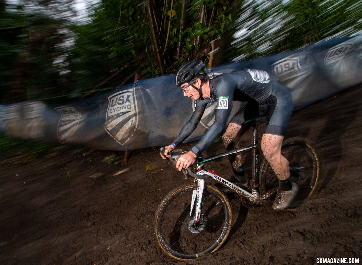 Andrew Borden slides down the slick mud on the bobsled run downhill. Collegiate Club Men. 2019 Cyclocross National Championships, Lakewood, WA. © A. Yee / Cyclocross Magazine