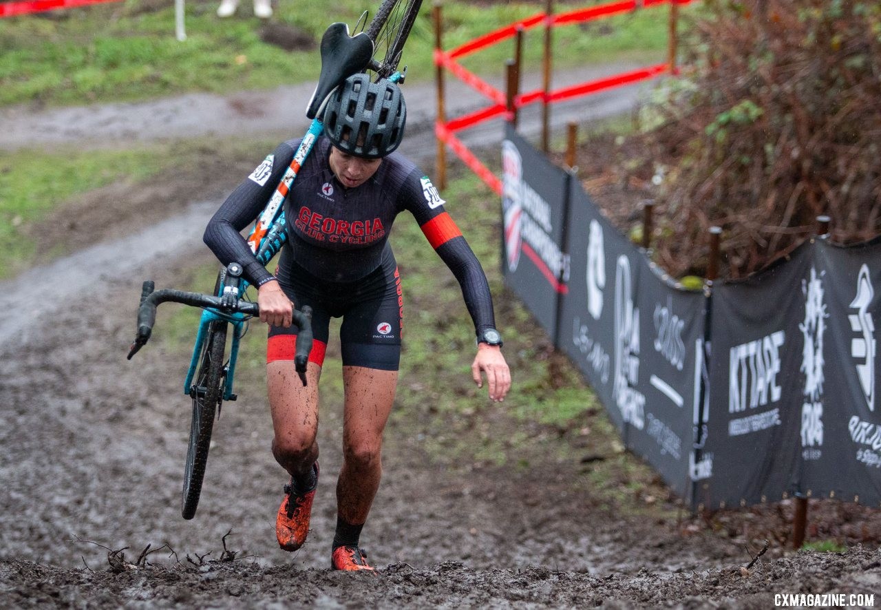 Emily Cameron hikes to the top of a steep climb. Collegiate Club Women. 2019 Cyclocross National Championships, Lakewood, WA. © A. Yee / Cyclocross Magazine