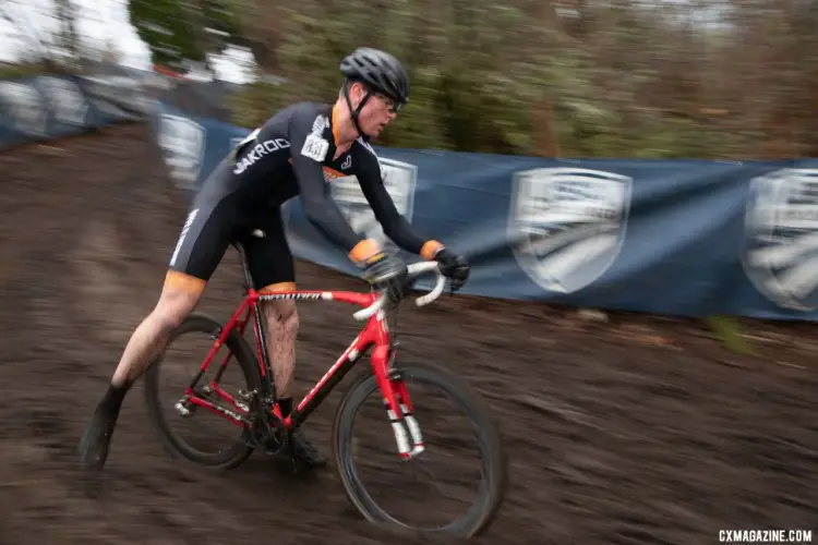 Blake Howard goes full kickstand down the slippery chicane. Collegiate Varsity Men. 2019 Cyclocross National Championships, Lakewood, WA. © A. Yee / Cyclocross Magazine