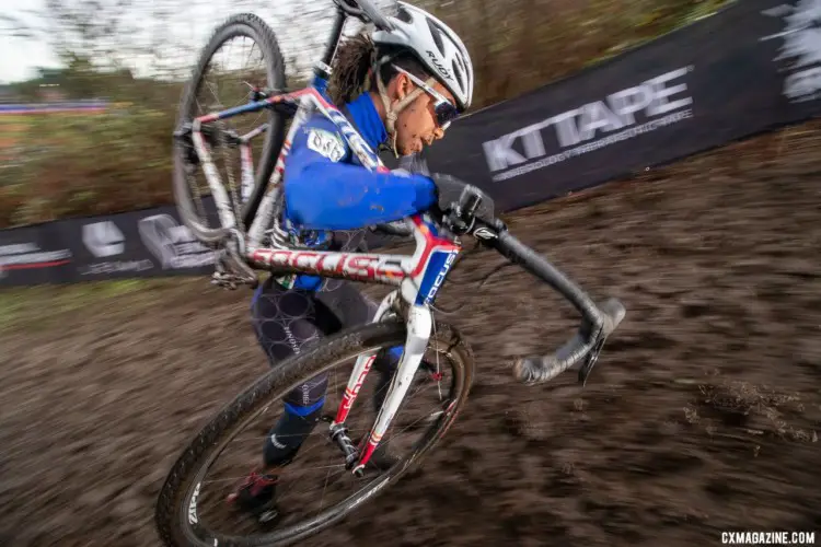 Amai Rawls navigates the muddy second climb on the course. Collegiate Varsity Men. 2019 Cyclocross National Championships, Lakewood, WA. © A. Yee / Cyclocross Magazine