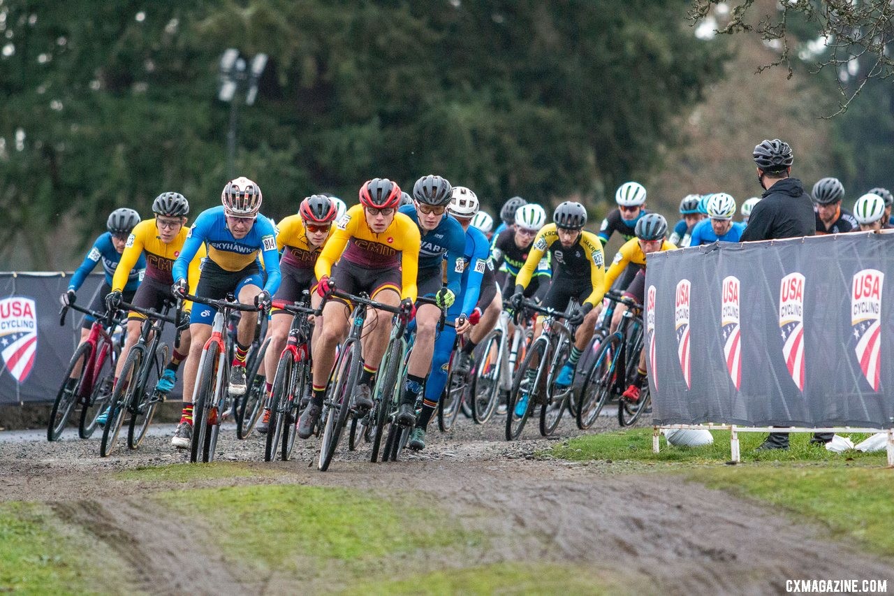 Scott Funston rounds the first corner, taking the hole shot in the men's varsity race. Collegiate Varsity Men. 2019 Cyclocross National Championships, Lakewood, WA. © A. Yee / Cyclocross Magazine