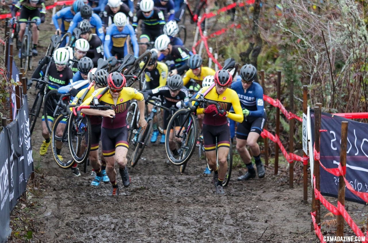 Colorado Mesa College crowds the front of the race on the first run-up. Collegiate Varsity Men. 2019 Cyclocross National Championships, Lakewood, WA. © D. Mable / Cyclocross Magazine