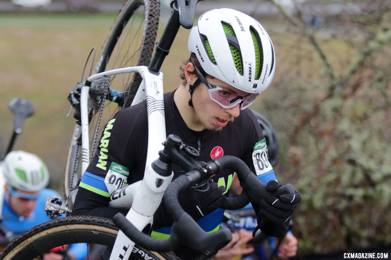 Eventual winner Caleb Swartz had to work his way through the crowd after finding himself in the back half of the race after the first run-up. Collegiate Varsity Men. 2019 Cyclocross National Championships, Lakewood, WA. © D. Mable / Cyclocross Magazine
