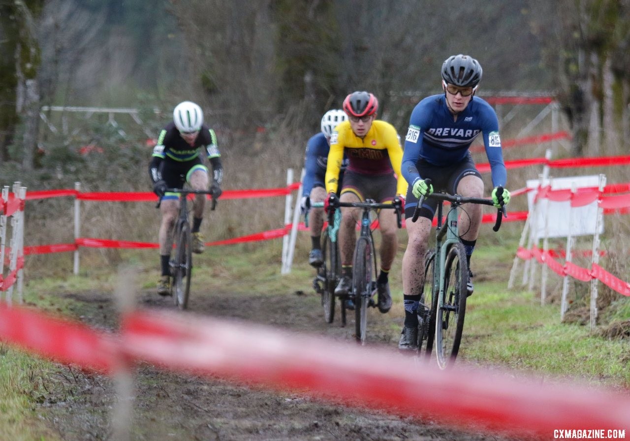 Tyler Clark leads a small group on the uphill grade to the top of the course. Collegiate Varsity Men. 2019 Cyclocross National Championships, Lakewood, WA. © D. Mable / Cyclocross Magazine