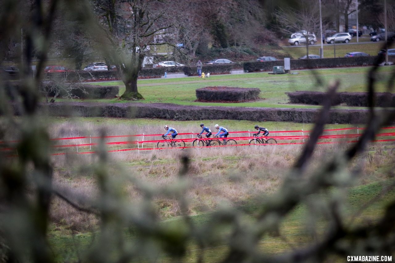 A small group of riders forms a second chase group behind the leaders. Collegiate Varsity Men. 2019 Cyclocross National Championships, Lakewood, WA. © D. Mable / Cyclocross Magazine