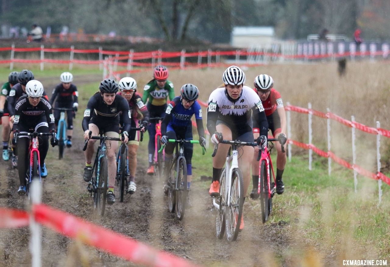 Ashley Zoerner takes the hole shot and leads the field to the first climb. Collegiate Club Women. 2019 Cyclocross National Championships, Lakewood, WA. © D. Mable / Cyclocross Magazine