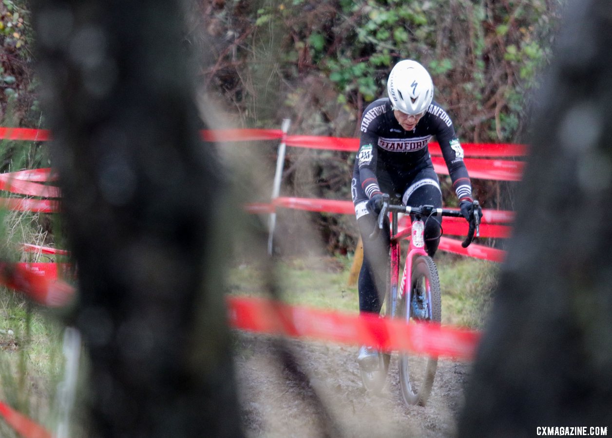 Joy Franco sees the joy of riding up the steady grade to the top of the course. Collegiate Club Women. 2019 Cyclocross National Championships, Lakewood, WA. © D. Mable / Cyclocross Magazine