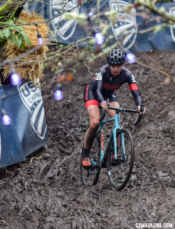 Emily Cameron works her way down the slippery bobsled run downhill. Collegiate Club Women. 2019 Cyclocross National Championships, Lakewood, WA. © D. Mable / Cyclocross Magazine