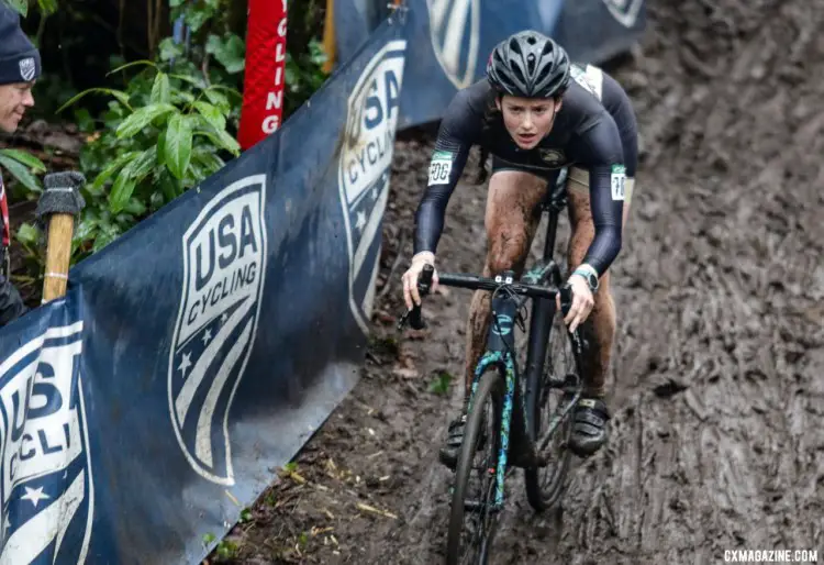 Elizabeth Huuki concentrates as she descends the tricky bobsled run downhill. Collegiate Club Women. 2019 Cyclocross National Championships, Lakewood, WA. © D. Mable / Cyclocross Magazine
