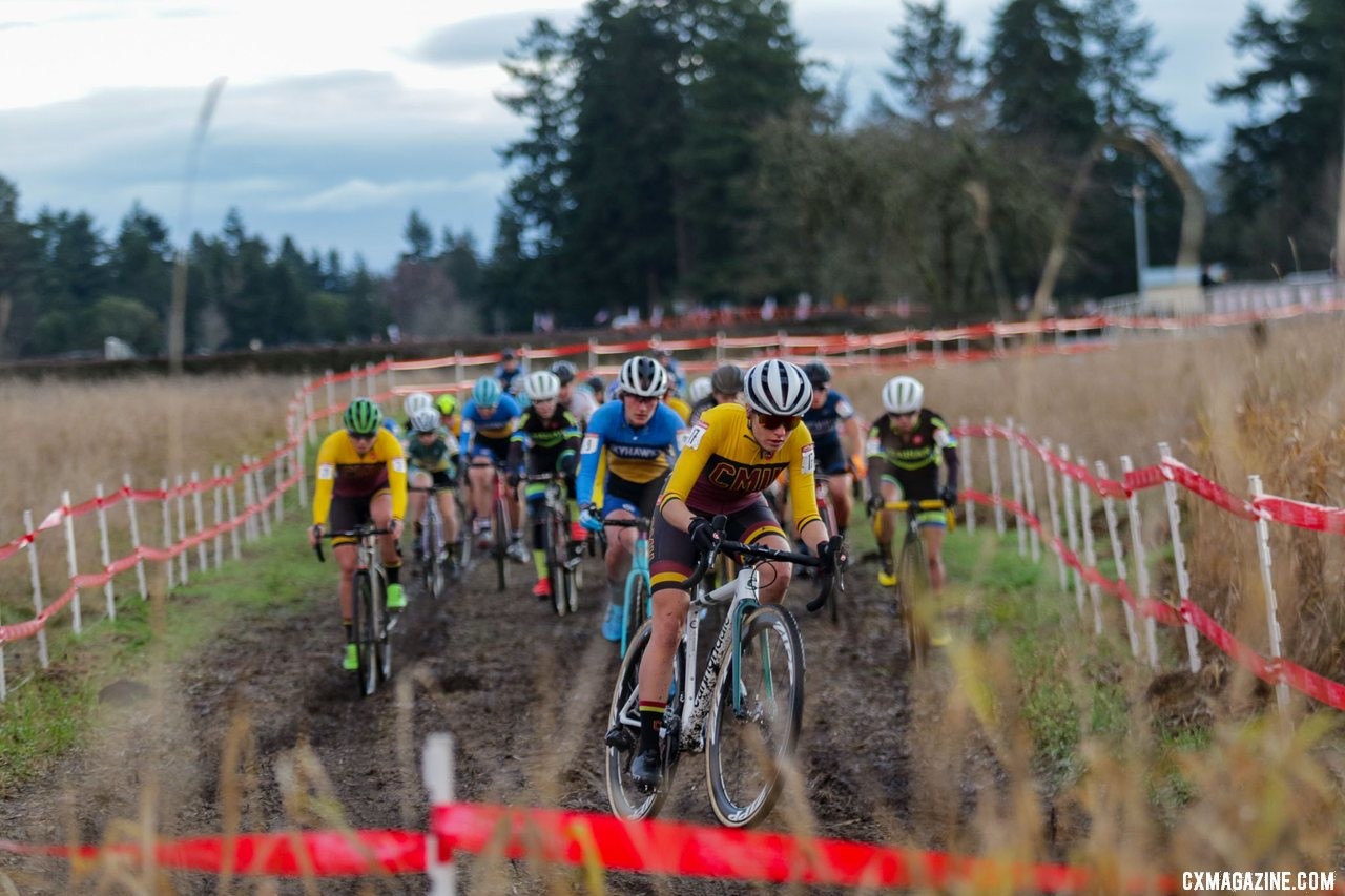 True to form, Katie Clouse took the hole shot and led the field to the base of the first climb. Collegiate Varsity Women. 2019 Cyclocross National Championships, Lakewood, WA. © D. Mable / Cyclocross Magazine