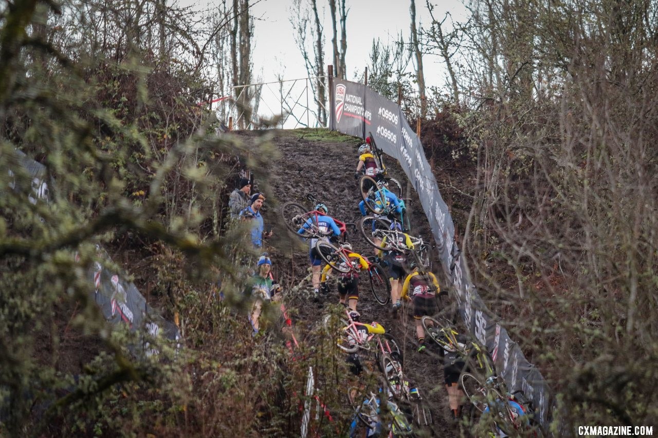 Katie Clouse leads the field up the first climb in the Collegiate Women's Varsity race. Collegiate Varsity Women. 2019 Cyclocross National Championships, Lakewood, WA. © D. Mable / Cyclocross Magazine