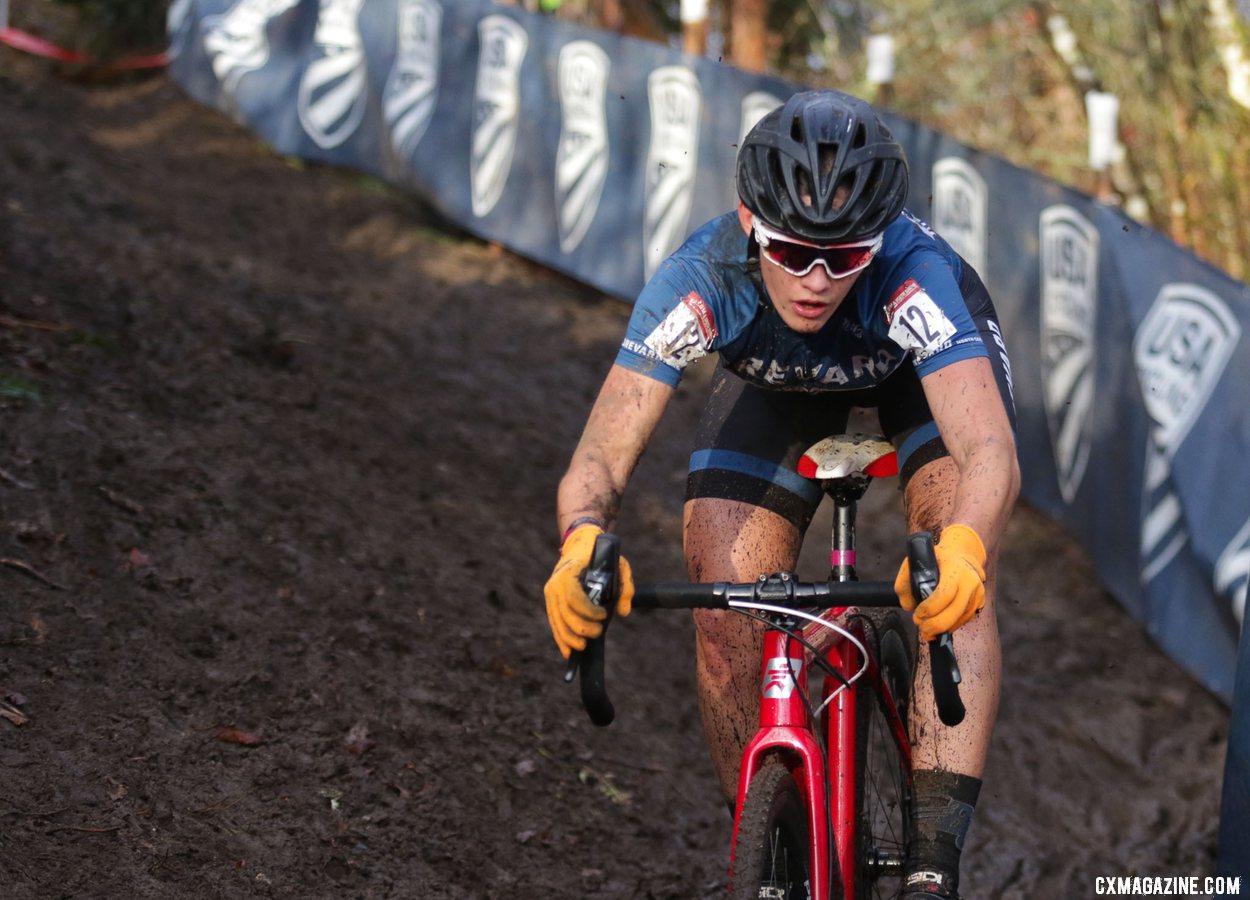 Hannah Arensman concentrates as she navigates the ruts and mud of the bobsled run downhill. Collegiate Varsity Women. 2019 Cyclocross National Championships, Lakewood, WA. © D. Mable / Cyclocross Magazine