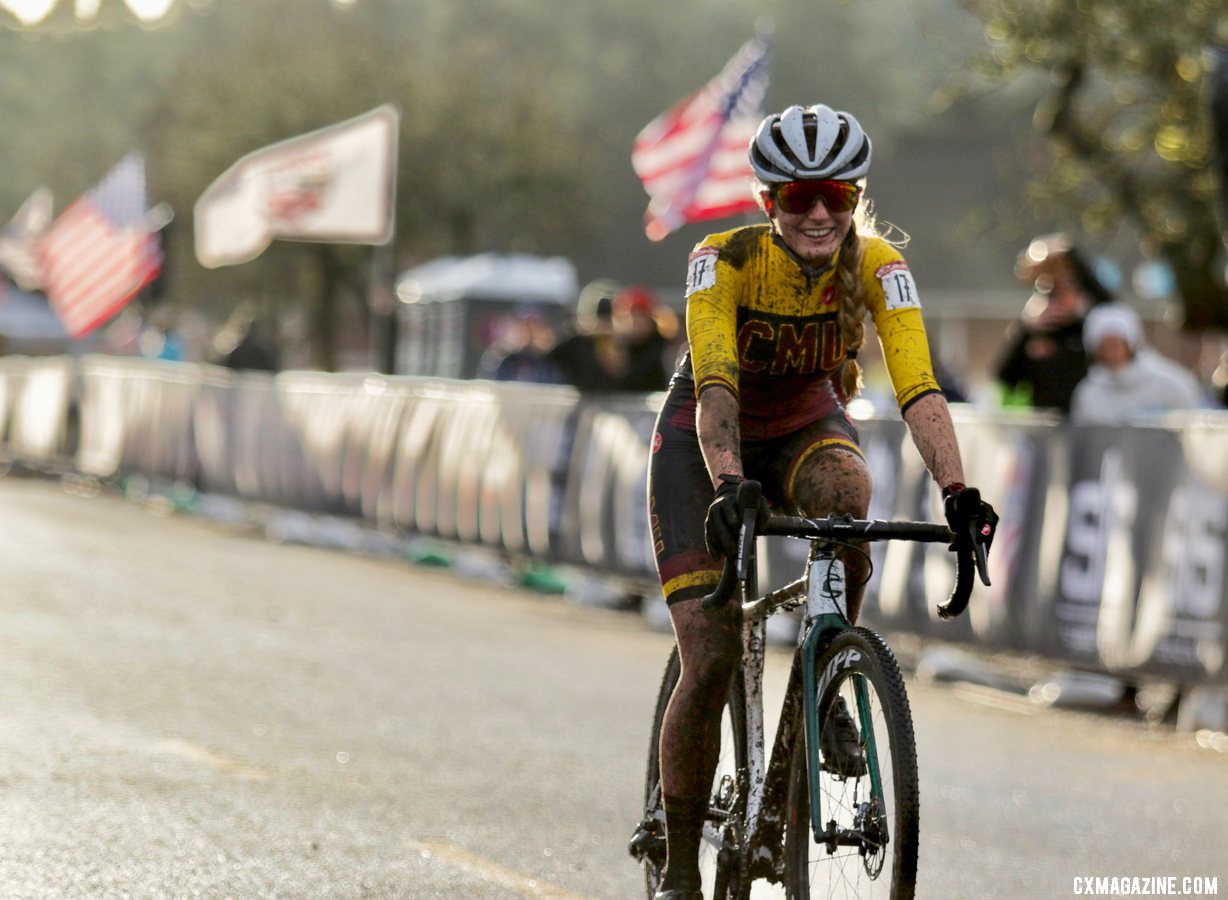 The sun shone on Katie Close as she crosses finishes, earning a shiny gold medal. Collegiate Varsity Women. 2019 Cyclocross National Championships, Lakewood, WA. © D. Mable / Cyclocross Magazine