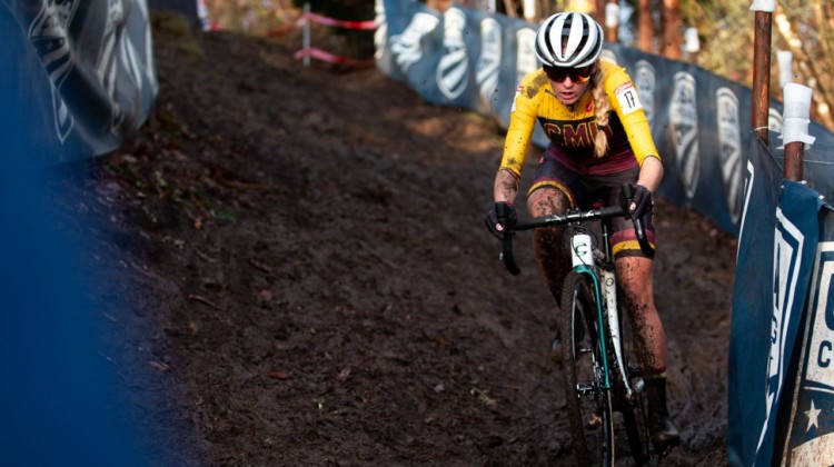 Katie Clouse slides through the morning mud as the sun breaks out for the first time during the week. Collegiate Varsity Women. 2019 Cyclocross National Championships, Lakewood, WA. © A. Yee / Cyclocross Magazine
