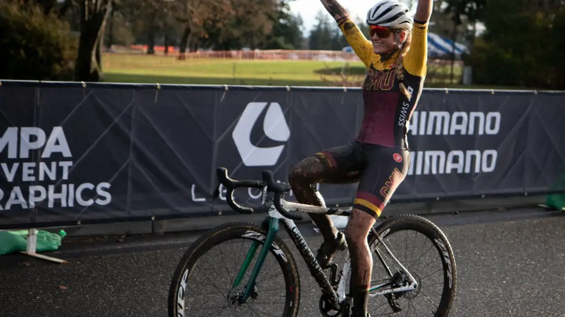 Katie Clouse celebrates her victory in the Collegiate Varsity Women's race. Collegiate Varsity Women. 2019 Cyclocross National Championships, Lakewood, WA. © A. Yee / Cyclocross Magazine