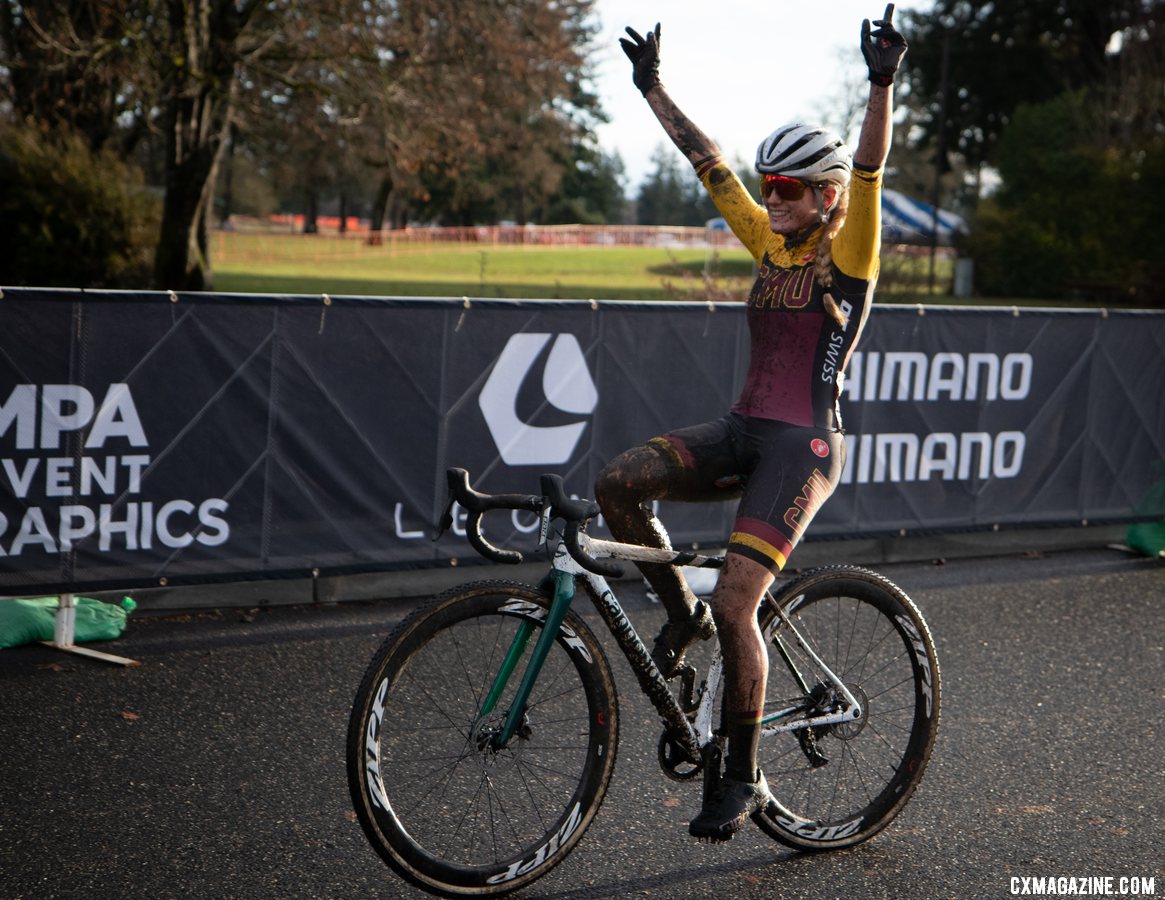 Katie Clouse celebrates her victory in the Collegiate Varsity Women's race. Collegiate Varsity Women. 2019 Cyclocross National Championships, Lakewood, WA. © A. Yee / Cyclocross Magazine