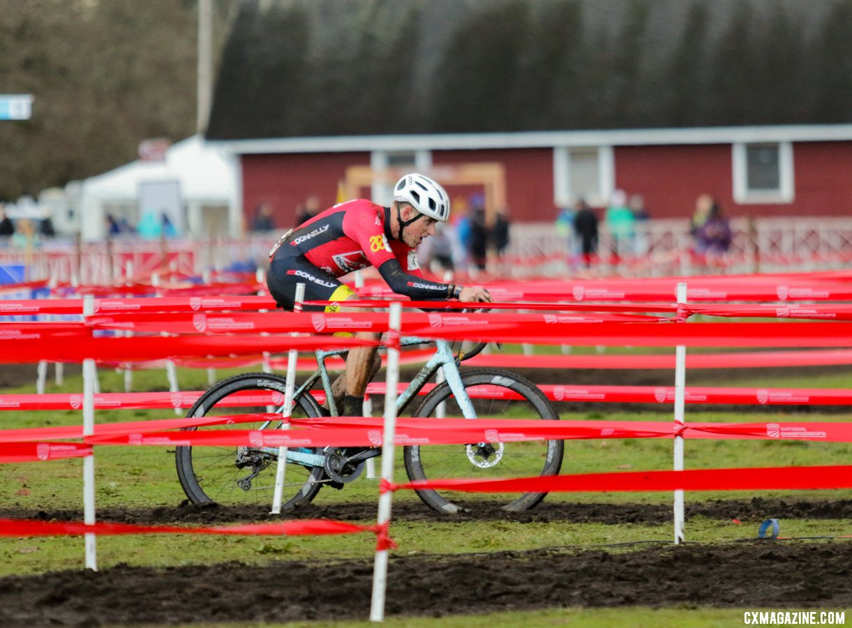 Race leader Gage Hecht navigates the maze of course tape on his way to victory. Elite Men. 2019 Cyclocross National Championships, Lakewood, WA. © D. Mable / Cyclocross Magazine
