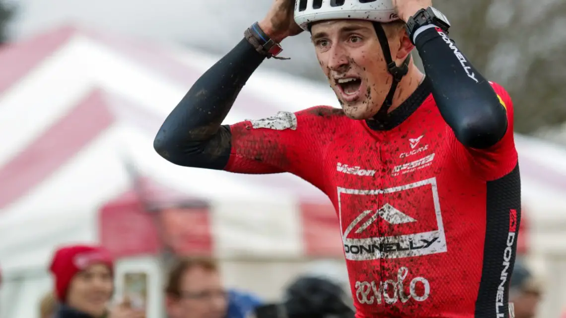 Gage Hecht is in disbelief shortly after crossing the line, the newly crowned U.S. Cyclocross National Champion. Elite Men. 2019 Cyclocross National Championships, Lakewood, WA. © D. Mable / Cyclocross Magazine