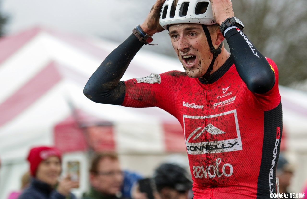 Gage Hecht is in disbelief shortly after crossing the line, the newly crowned U.S. Cyclocross National Champion. Elite Men. 2019 Cyclocross National Championships, Lakewood, WA. © D. Mable / Cyclocross Magazine