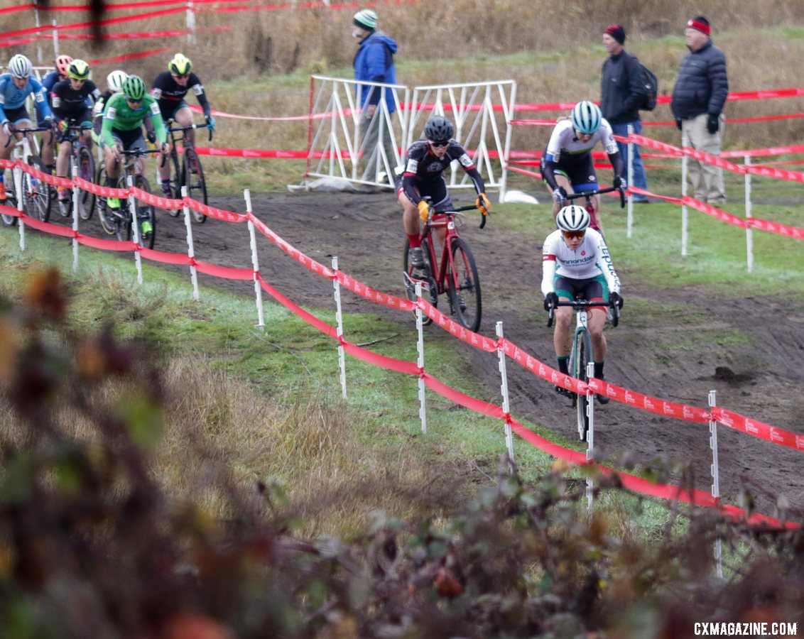 Katie Clouse has a small gap as the field heads to the base of the first climb. U23 Women. 2019 Cyclocross National Championships, Lakewood, WA. © D. Mable / Cyclocross Magazine