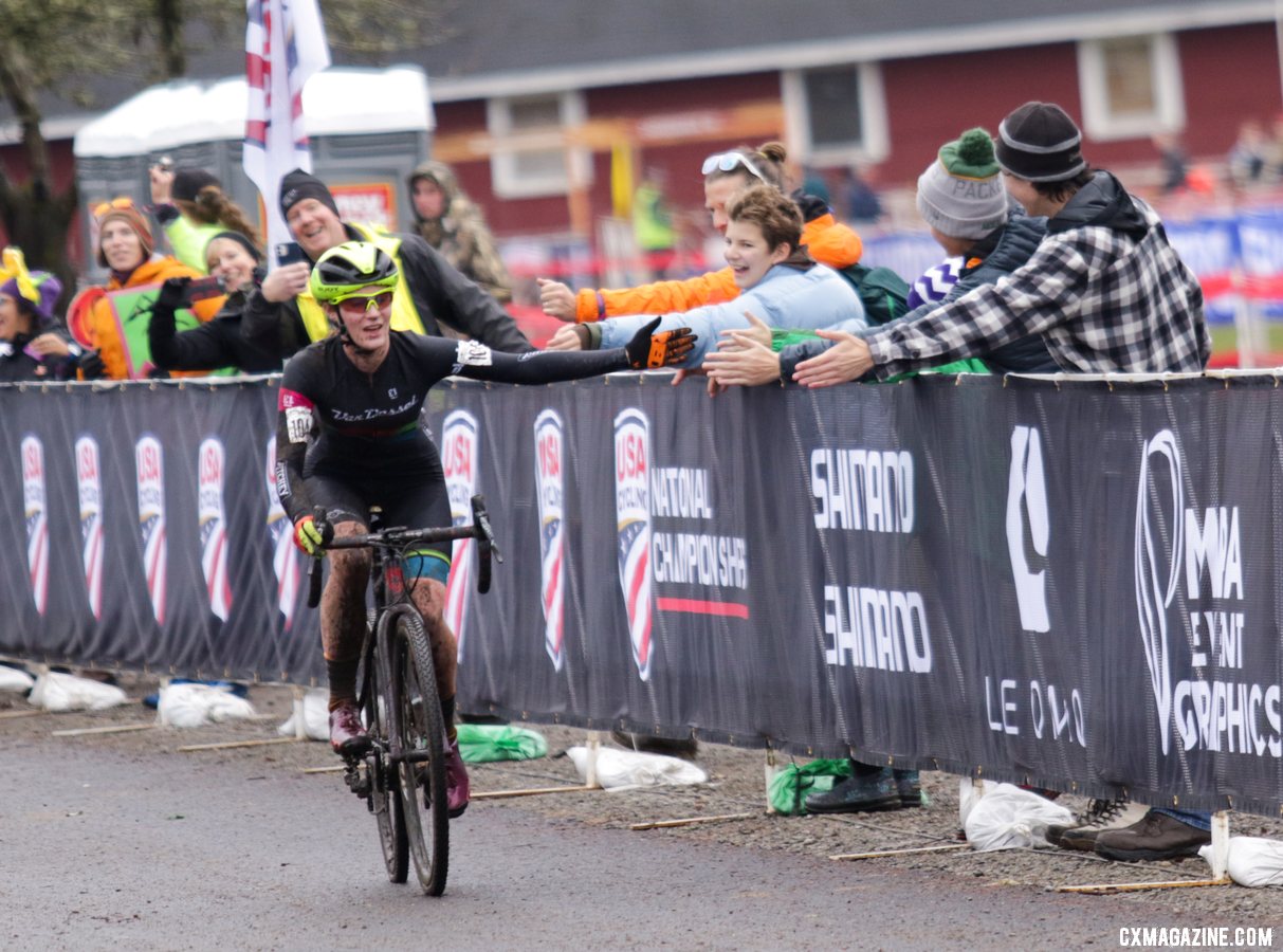 Hometown rider Shannon Mallory drops a bunch of high-fives as she cruises in to the finish, claiming the bronze medal. U23 Women. 2019 Cyclocross National Championships, Lakewood, WA. © D. Mable / Cyclocross Magazine