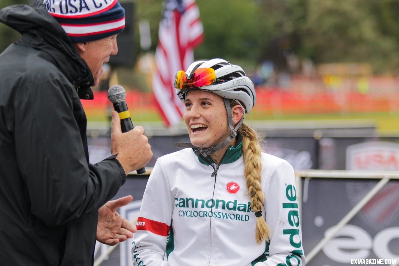 Katie Clouse's excitement was evident during her post-race interview for the USA Cycling livestream. U23 Women. 2019 Cyclocross National Championships, Lakewood, WA. © D. Mable / Cyclocross Magazine