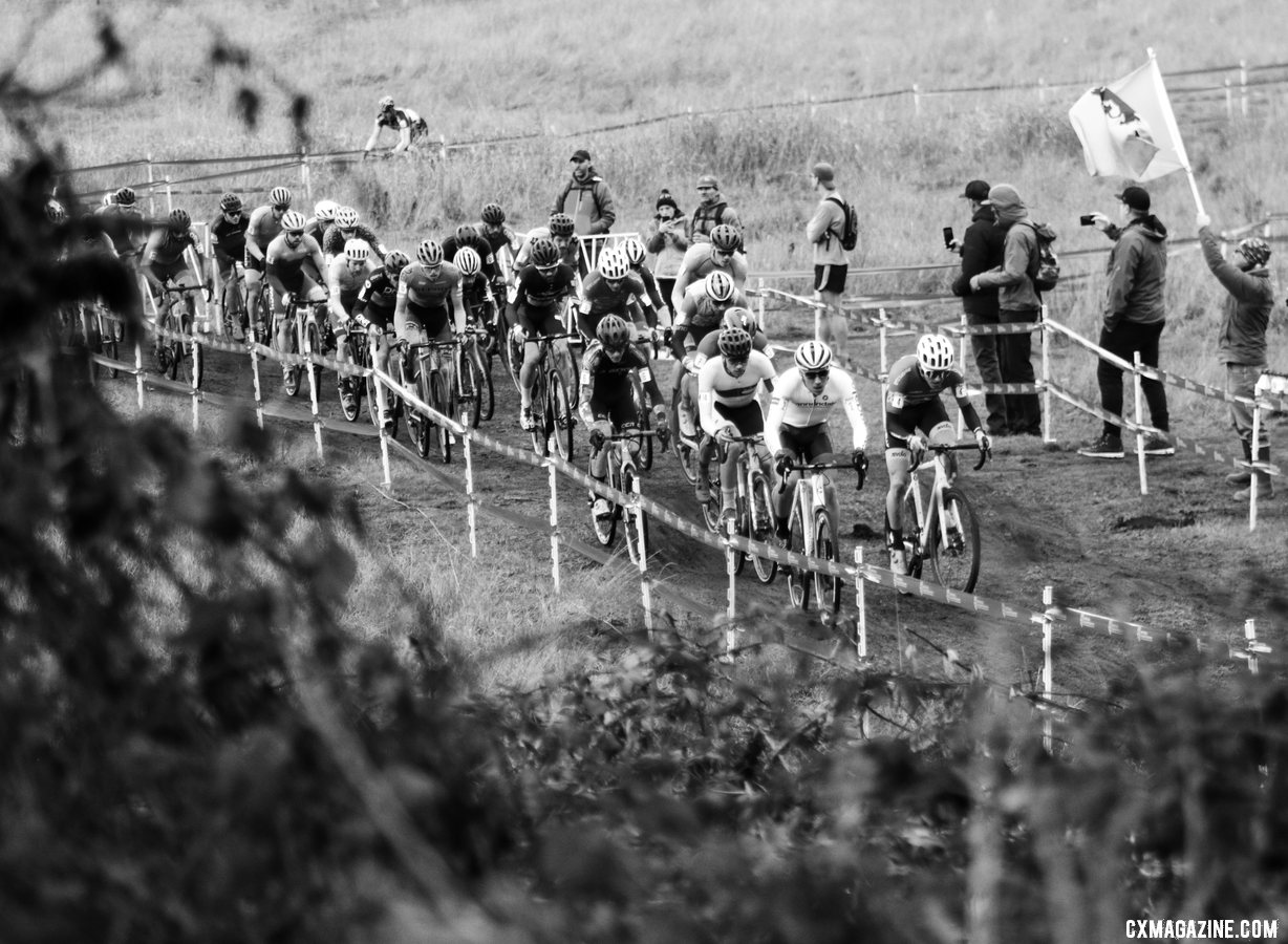 The Elite Men's field is tightly packet shortly after the start of the final race of the 2019 Cyclocross National Championships. Elite Men. 2019 Cyclocross National Championships, Lakewood, WA. © D. Mable / Cyclocross Magazine