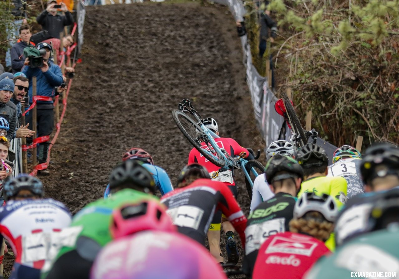 Gage Hecht leads the way as he heads up the first climb of the day. Elite Men. 2019 Cyclocross National Championships, Lakewood, WA. © D. Mable / Cyclocross Magazine