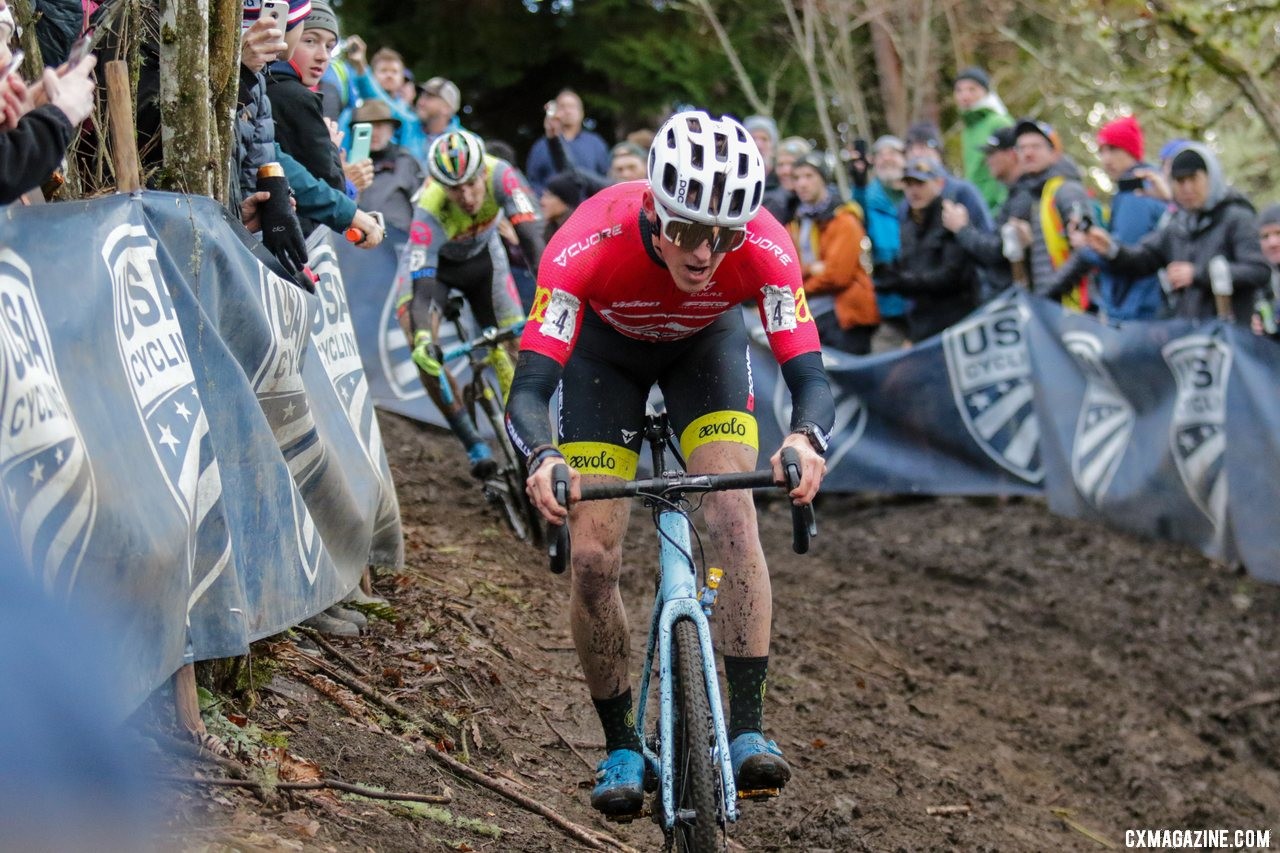 Gage Hecht and Kerry Werner engaged in a battle at the front. 2019 Cyclocross National Championships, Lakewood, WA. © D. Mable / Cyclocross Magazine