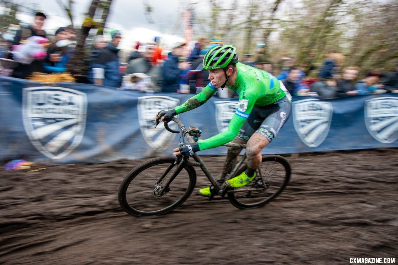 Robert Marion races past the large crowd gathered on the Z-drop descent. Elite Men. 2019 Cyclocross National Championships, Lakewood, WA. © A. Yee / Cyclocross Magazine