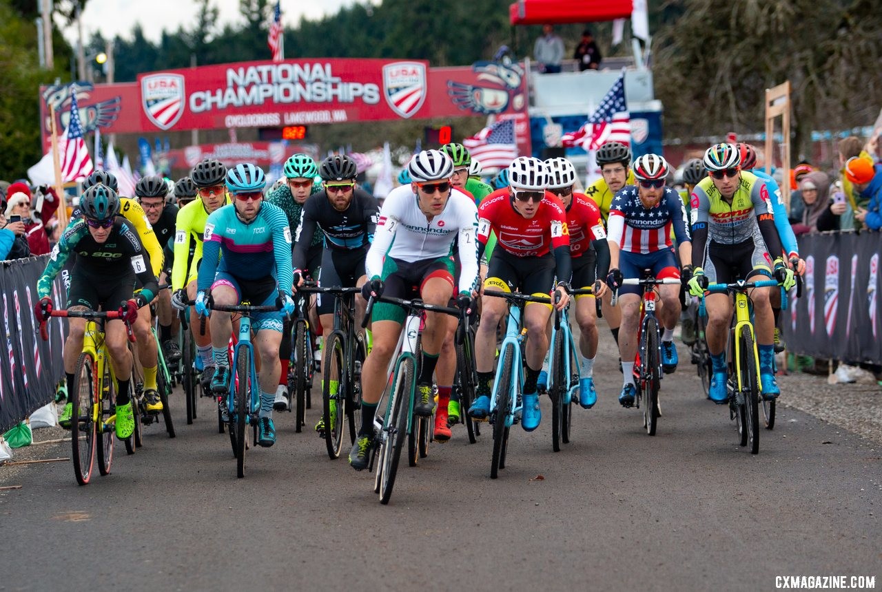 Curtis White reaches the first corner in the lead at the start of the Elite Men's race. Elite Men. 2019 Cyclocross National Championships, Lakewood, WA. © A. Yee / Cyclocross Magazine